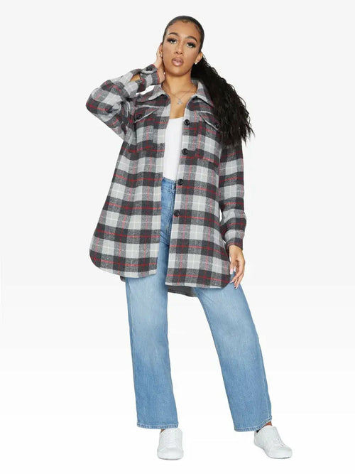 Rose Eleusis oversized Nova check wool blend shacket in silver, featuring a relaxed fit and button closure, ideal for layering.