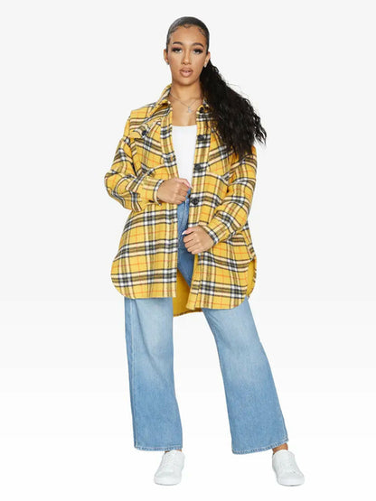 Yellow oversized Nova check wool blend shacket by Rose Eleusis, featuring a relaxed fit and stylish check pattern for jackets and coats.