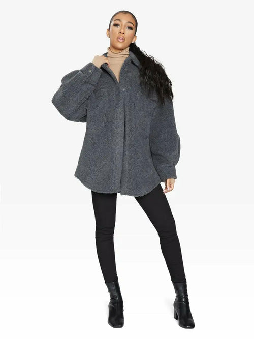 Grey oversized patch pocket Borg teddy shacket by Rose Eleusis, cozy and stylish jacket with large pockets and plush fabric.
