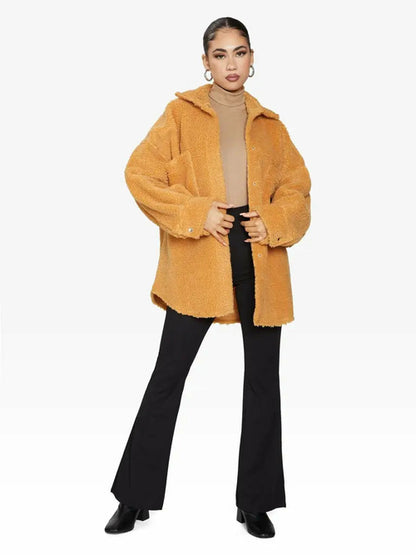 Mustard oversized Patch Pocket Borg Teddy Shacket by Rose Eleusis, cozy and stylish jacket with large patch pockets, one size fits UK 8-14.