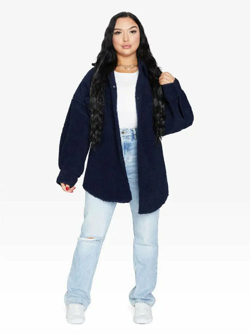 Navy oversized patch pocket Borg teddy shacket by Rose Eleusis, cozy and stylish jacket with large front pockets, suitable for UK sizes 8-14.