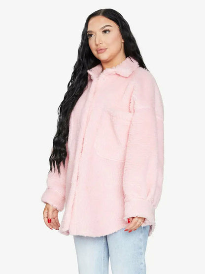 Pink oversized patch pocket borg teddy shacket from Rose Eleusis, cozy and stylish for UK sizes 8-14.