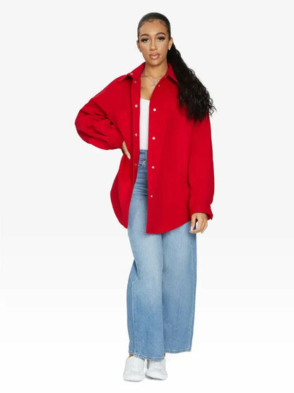 Red oversized patch pocket shacket by Rose Eleusis, casual jacket with large front pockets, one-size-fits UK 8-14.