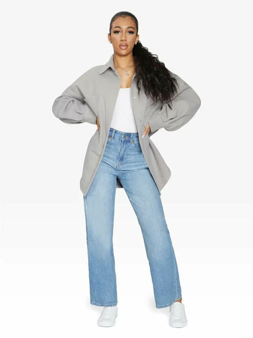 Silver oversized patch pocket shacket by Rose Eleusis, casual jacket with large front pockets, one size fits UK 8-14.