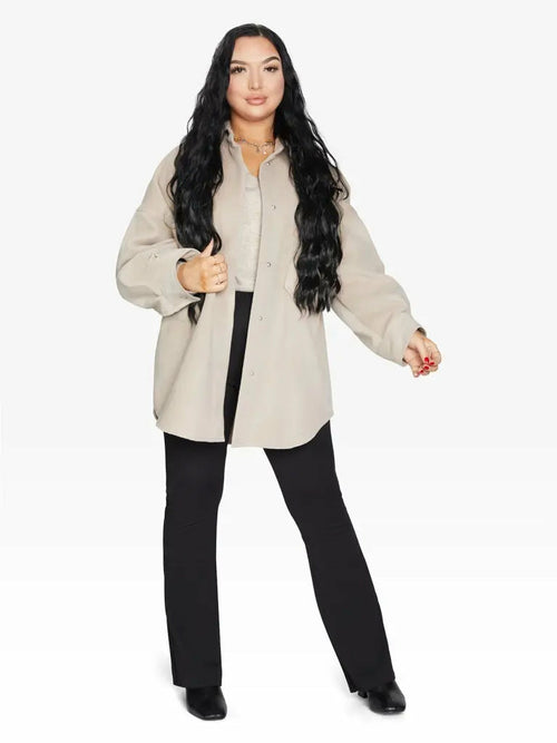 Rose Eleusis oversized patch pocket shacket in stone, a relaxed jacket with large front pockets, one size fits UK 8-14.