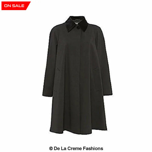 Black oversized velvet-trim lightweight swing coat by Rose Eleusis, stylish jacket with a relaxed fit and elegant velvet details.