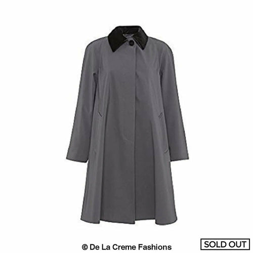 Grey oversized velvet-trim lightweight swing coat by Rose Eleusis, stylish jacket with relaxed fit and elegant velvet details.