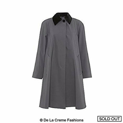Grey oversized velvet-trim lightweight swing coat by Rose Eleusis, stylish jacket with relaxed fit and elegant velvet details.