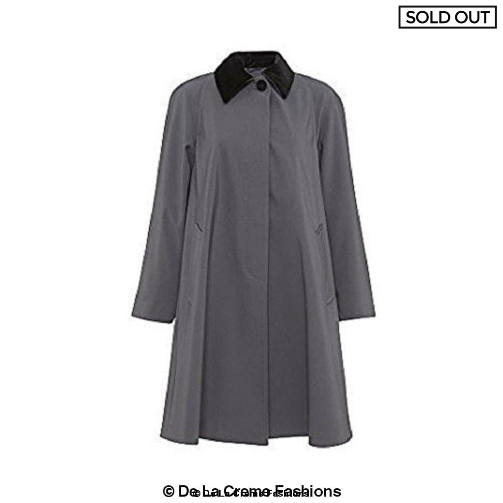 Grey oversized velvet trim lightweight swing coat by Rose Eleusis, casual jacket with relaxed fit and stylish design.