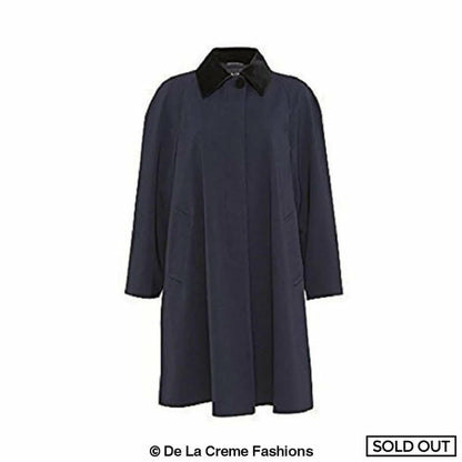Navy blue oversized velvet-trim lightweight swing coat by Rose Eleusis, stylish jacket with flowing silhouette and elegant velvet accents.