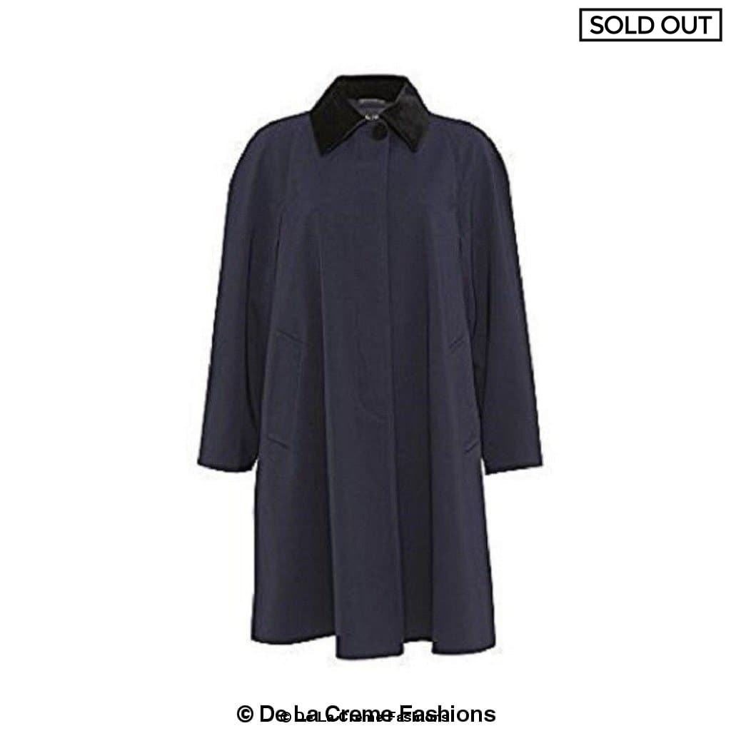 Navy blue oversized velvet-trim lightweight swing coat by Rose Eleusis, stylish jacket with a relaxed fit and elegant velvet details.