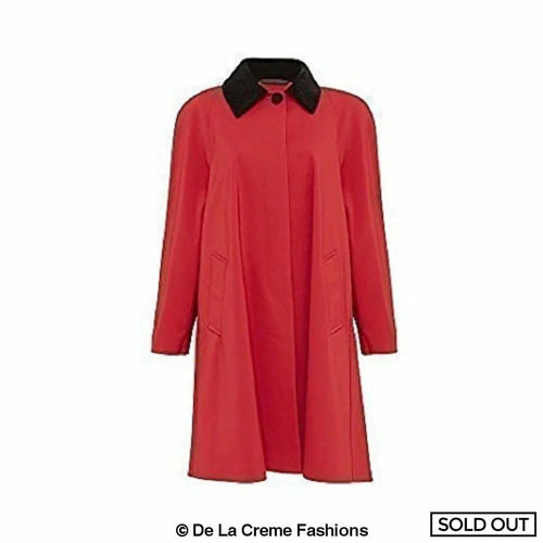 Red oversized velvet-trim lightweight swing coat by Rose Eleusis, stylish jacket with a relaxed fit and elegant velvet accents.