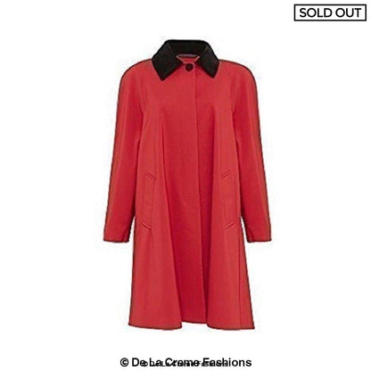 Rose Eleusis oversized velvet trim lightweight swing coat in red, showcasing a relaxed fit and stylish design.