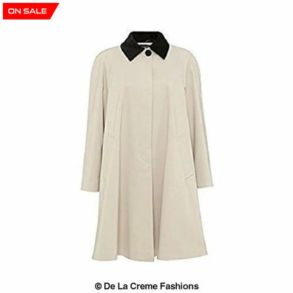Rose Eleusis oversized velvet-trim lightweight swing coat in stone color, stylish jacket with relaxed fit and elegant velvet details.