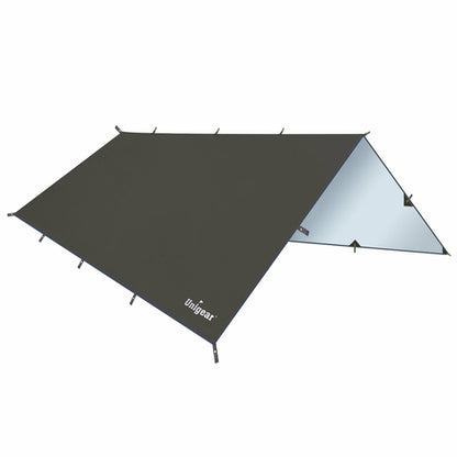 Indigo Eurybia rainproof camping tarp shelter set up outdoors, showing waterproof fabric and reinforced edges for outdoor camping.