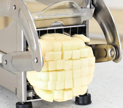 Yellow Pandora stainless steel French fries and potato cutter with two interchangeable blades for making uniform potato strips.