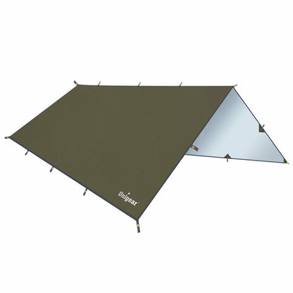 Rainproof camping tarp shelter by Indigo Eurybia, showing a sturdy outdoor rain cover setup with trees in the background.