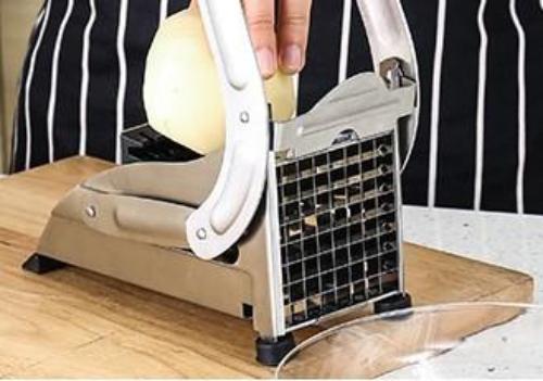 Yellow Pandora stainless steel French fries and potato cutter with two different blades for easy, uniform potato slicing in the kitchen.