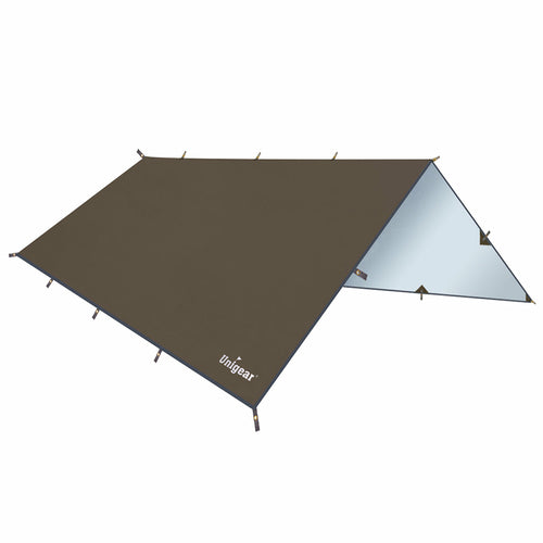 Rainproof camping tarp shelter by Indigo Eurybia, shown set up outdoors with waterproof fabric and sturdy support poles.