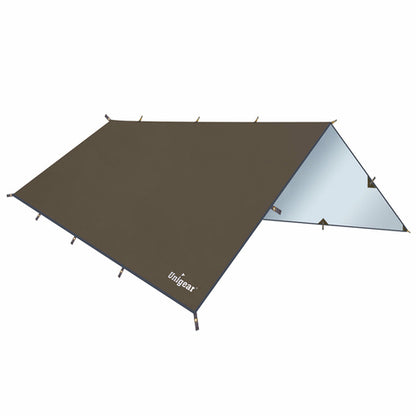 Rainproof camping tarp shelter by Indigo Eurybia, shown set up outdoors with waterproof fabric and sturdy support poles.
