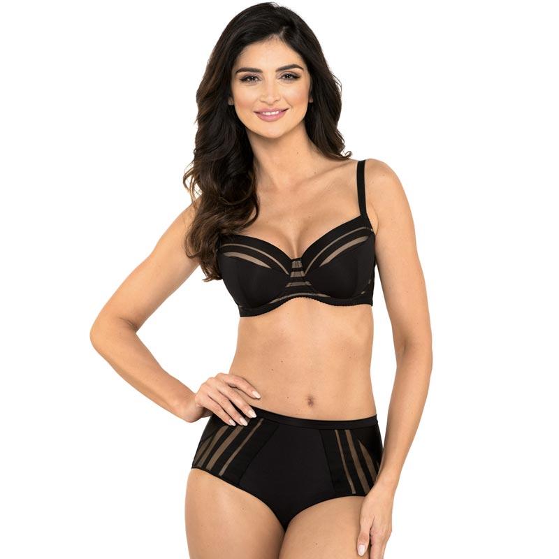 Full figure padded striped bra and matching high-brief panty from Gorteks Luna Black lingerie set, featuring comfortable black padded undergarments.