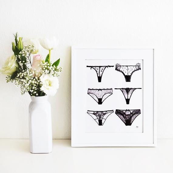 Art print of a panty lingerie design by Magenta Lelantos, ideal as a gift, featuring detailed and colorful lingerie artwork.