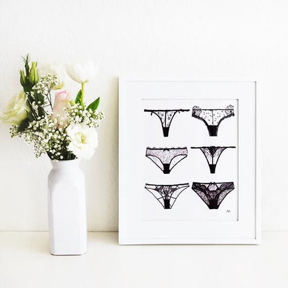Art print of a panty lingerie design by Magenta Lelantos, ideal as a gift, featuring detailed and colorful lingerie artwork.