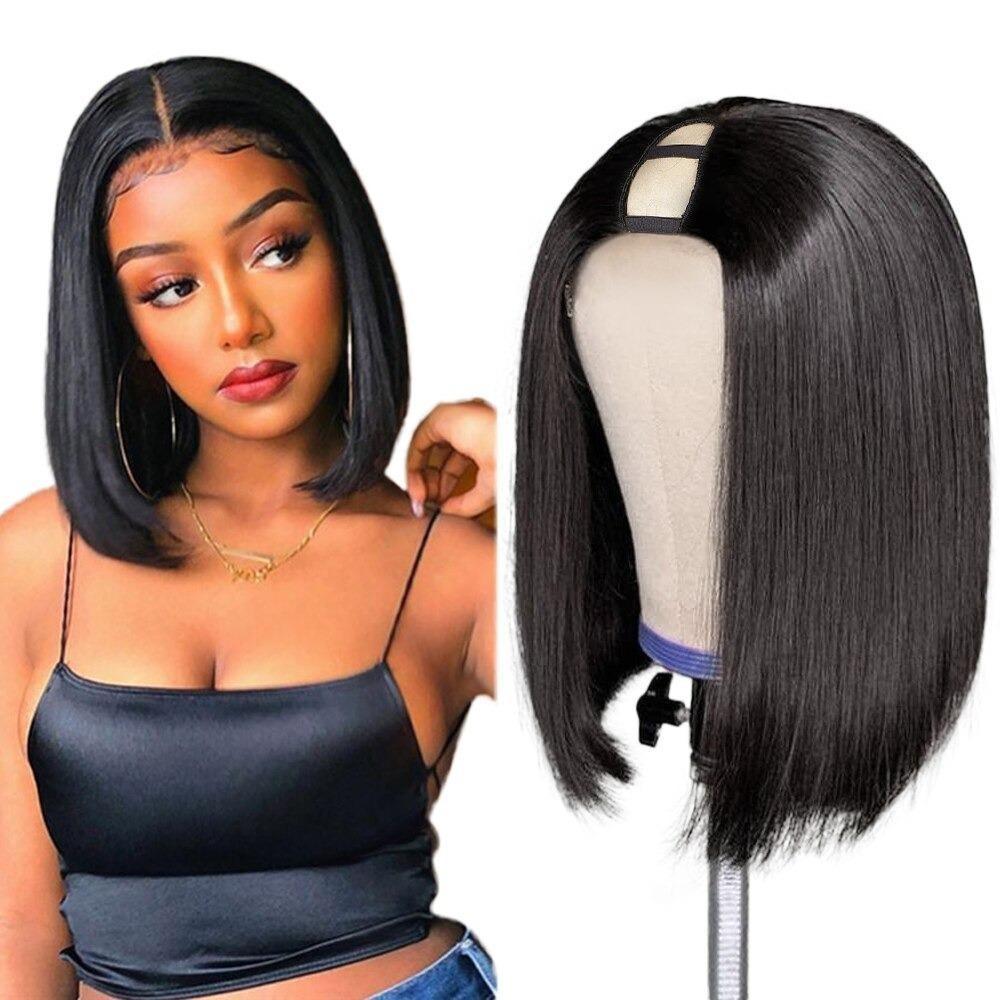 Cerise Alfie short bob U part wig with straight Brazilian Remy human hair, glueless design, perfect for natural, versatile styling.