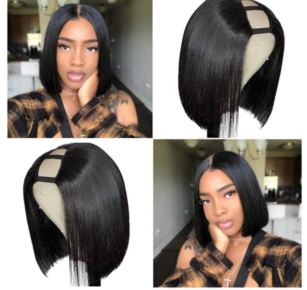Cerise Alfie straight Brazilian Remy human hair short bob U part wig, glueless design, showing the sleek, straight hairstyle.