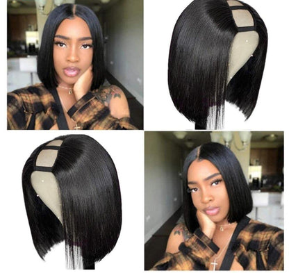 Cerise Alfie straight Brazilian Remy human hair short bob U part wig, glueless design, showing the sleek, straight hairstyle.