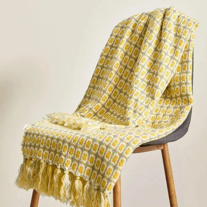 Yellow knitted woolen blanket with pastoral style pattern from Copper Pallas, measuring 127x170 cm, cozy throw for bed or sofa.