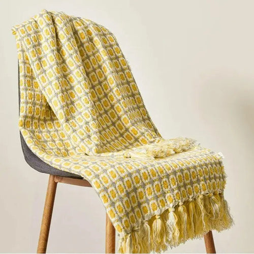Yellow knitted woolen blanket with pastoral style pattern from Copper Pallas, 127x170 cm throw, cozy and soft home decor.