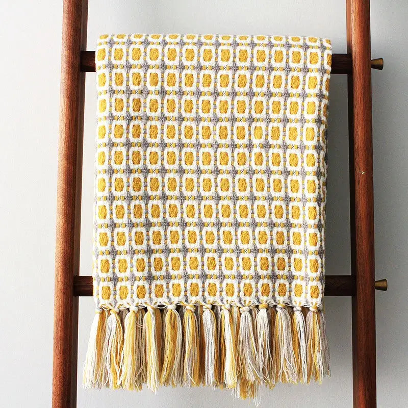 Yellow knitted woolen blanket with pastoral style pattern, Copper Pallas throw blanket, 127x170 cm for cozy home decor.