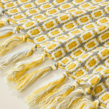 Yellow knitted woolen blanket with pastoral style pattern from Copper Pallas, measuring 127x170 cm, perfect for cozy throws.