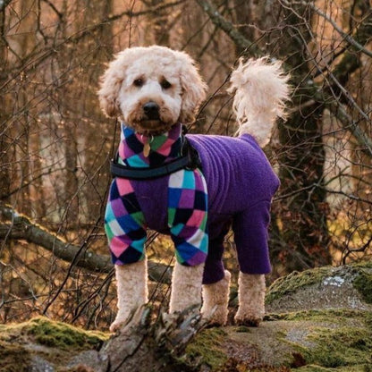 Waterproof dog fleece by Scarlet Nyx in harlequin and purple with a cozy, soft fleece fabric for pets.