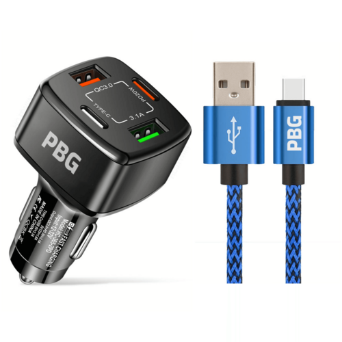 Fuchsia Electra 4-port PD/USB car charger with 10ft Zebra iPhone cable for mobile and laptop charging in blue.