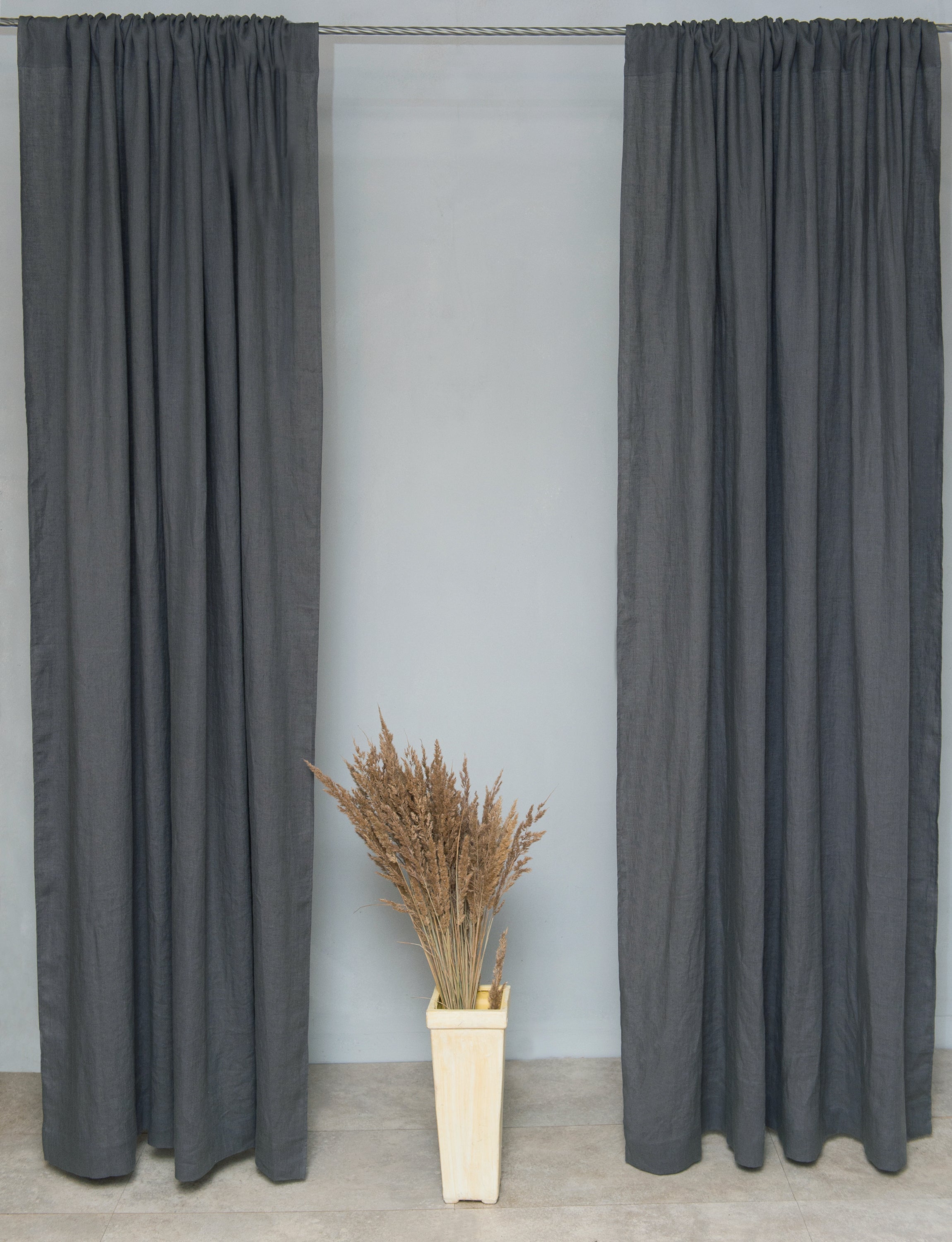 Grey linen curtain with rod pocket, Magenta Sugarplum home decor window treatment hanging on a rod.