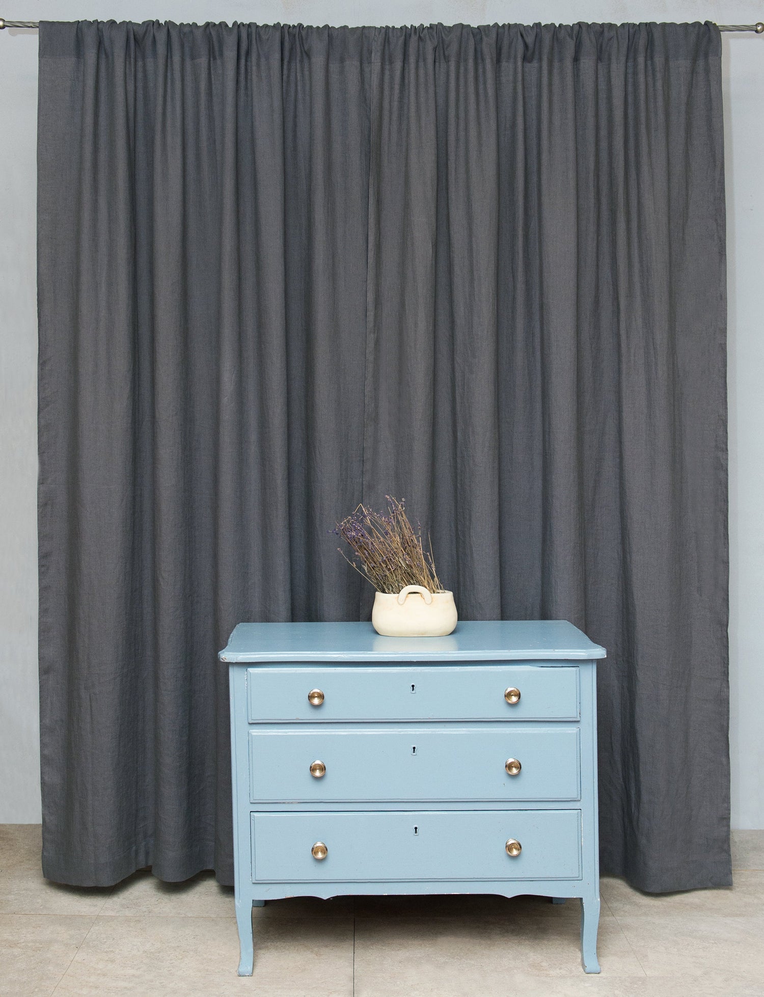 Grey linen curtain with rod pocket from Magenta Sugarplum, showcasing a stylish home decor window treatment.