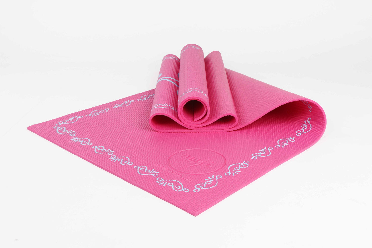 Pink printed PVC yoga mat by Azure Jason, designed for comfort and stability during exercise and yoga routines.
