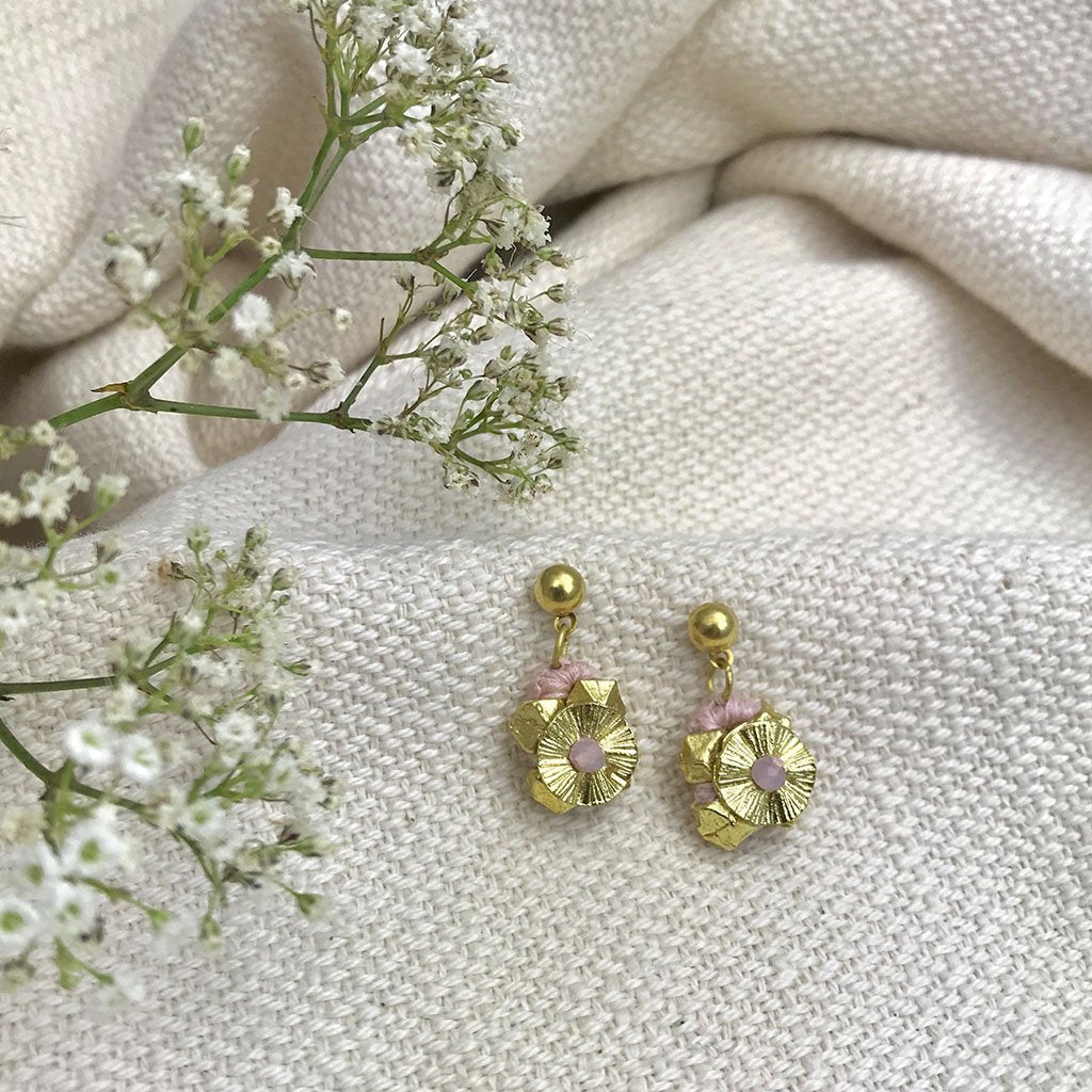 Ariel Keya Flower Earrings featuring pink flower design, dangly earrings with delicate floral details for a stylish look.