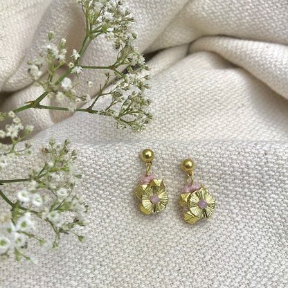 Ariel Keya Flower Earrings featuring pink flower design, dangly earrings with delicate floral details for a stylish look.