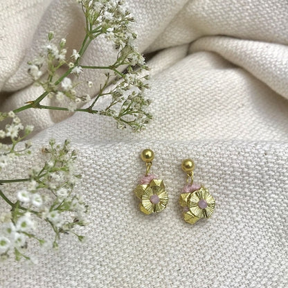 Pink flower earrings by Ariel featuring delicate floral design and lightweight metal hooks.