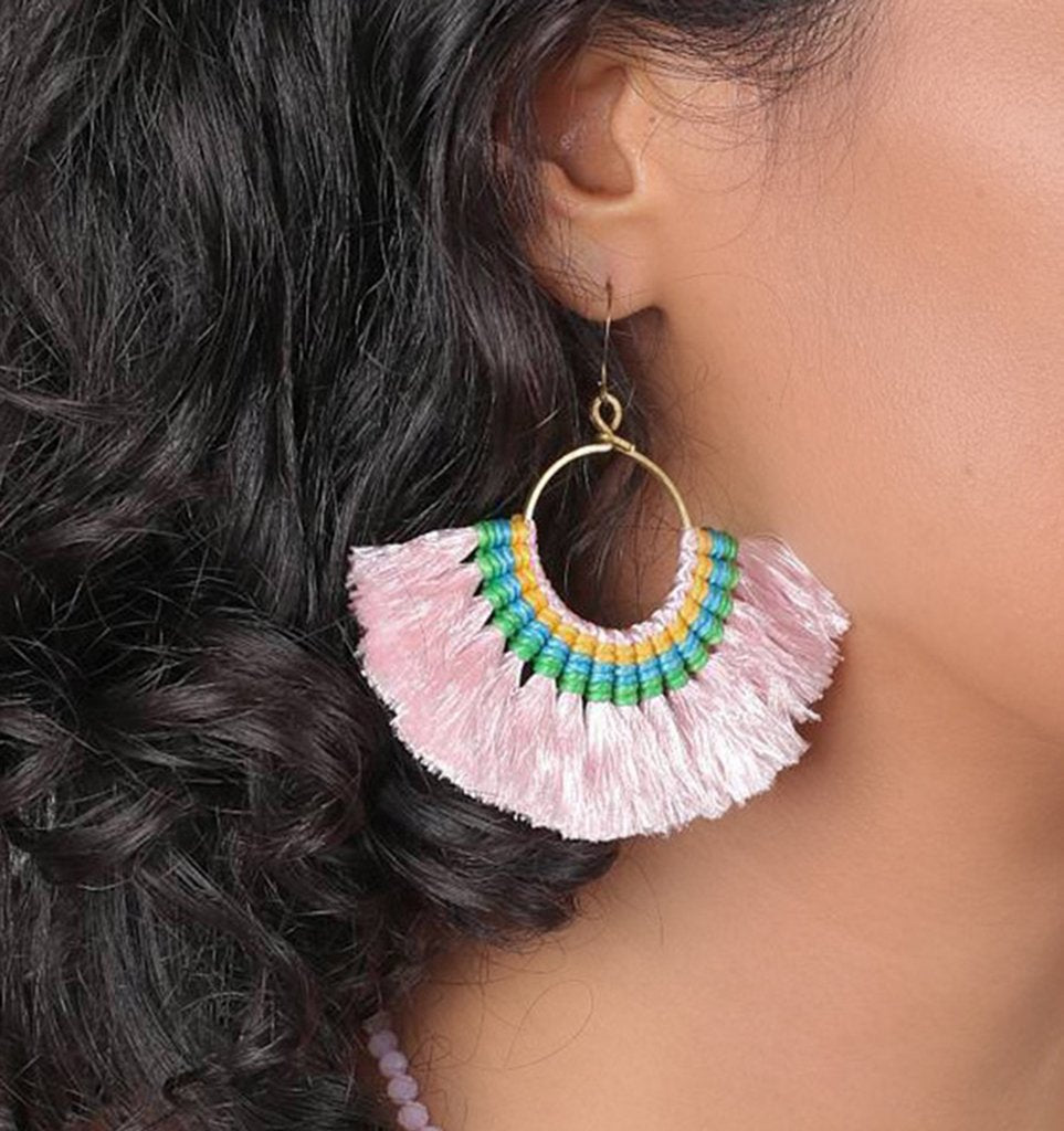 Pink tassel fan earrings by Ariel featuring vibrant, handmade tassels and gold accents, stylish and lightweight for everyday wear.
