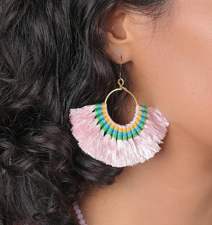 Pink tassel fan earrings by Ariel featuring vibrant, handmade tassels and gold accents, stylish and lightweight for everyday wear.
