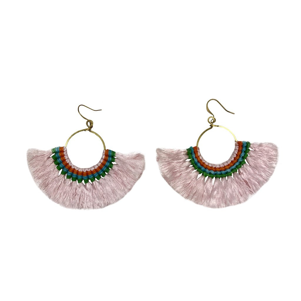 Pink tassel fan earrings by Ariel featuring vibrant, lightweight earrings with flowing tassels and fan-shaped design.
