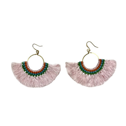 Pink tassel fan earrings by Ariel featuring vibrant, layered tassels and fan-shaped design, stylish and lightweight.