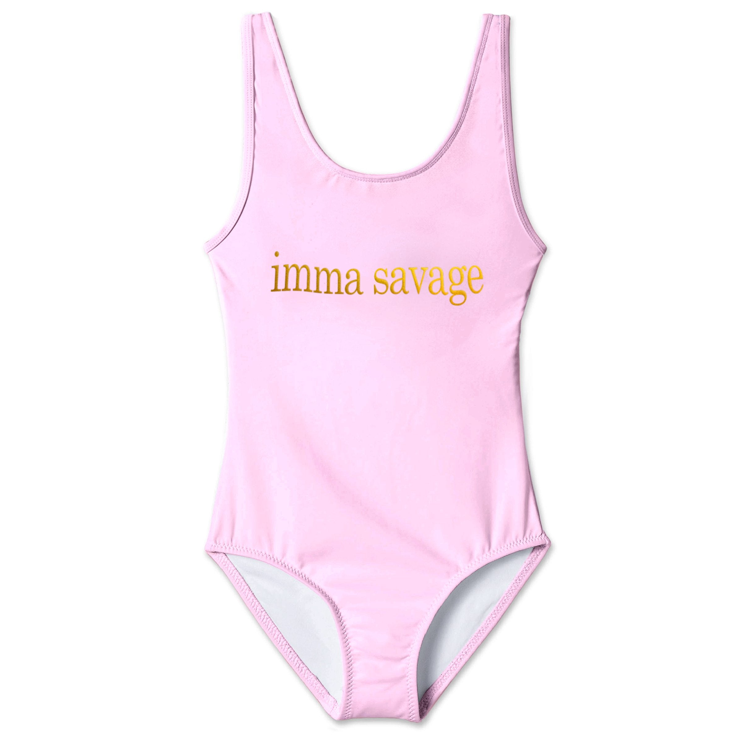 Pink Imma Savage swimsuit for kids by Ivory Trillium, featuring a tank top style and vibrant, playful design.