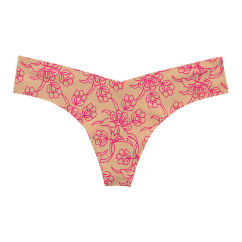 Lime Lucy playful print seamless thong panty in pink with floral pattern, comfortable lingerie for everyday wear.
