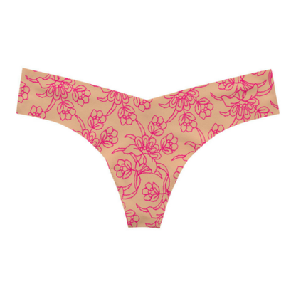 Lime Lucy playful print seamless thong panty in pink with floral pattern, comfortable lingerie for everyday wear.