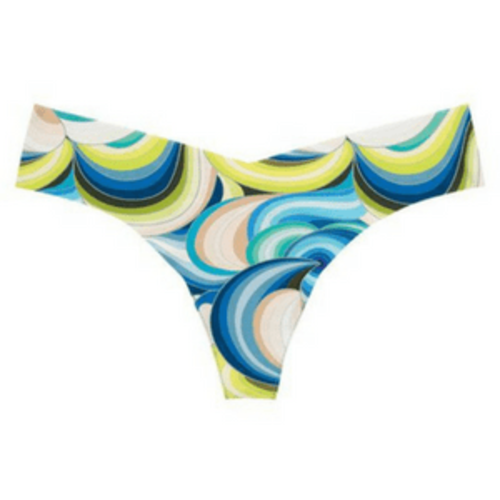 Lime Lucy playful print seamless thong panty with blue and lavender design, lightweight lingerie and underwear for comfortable wear.
